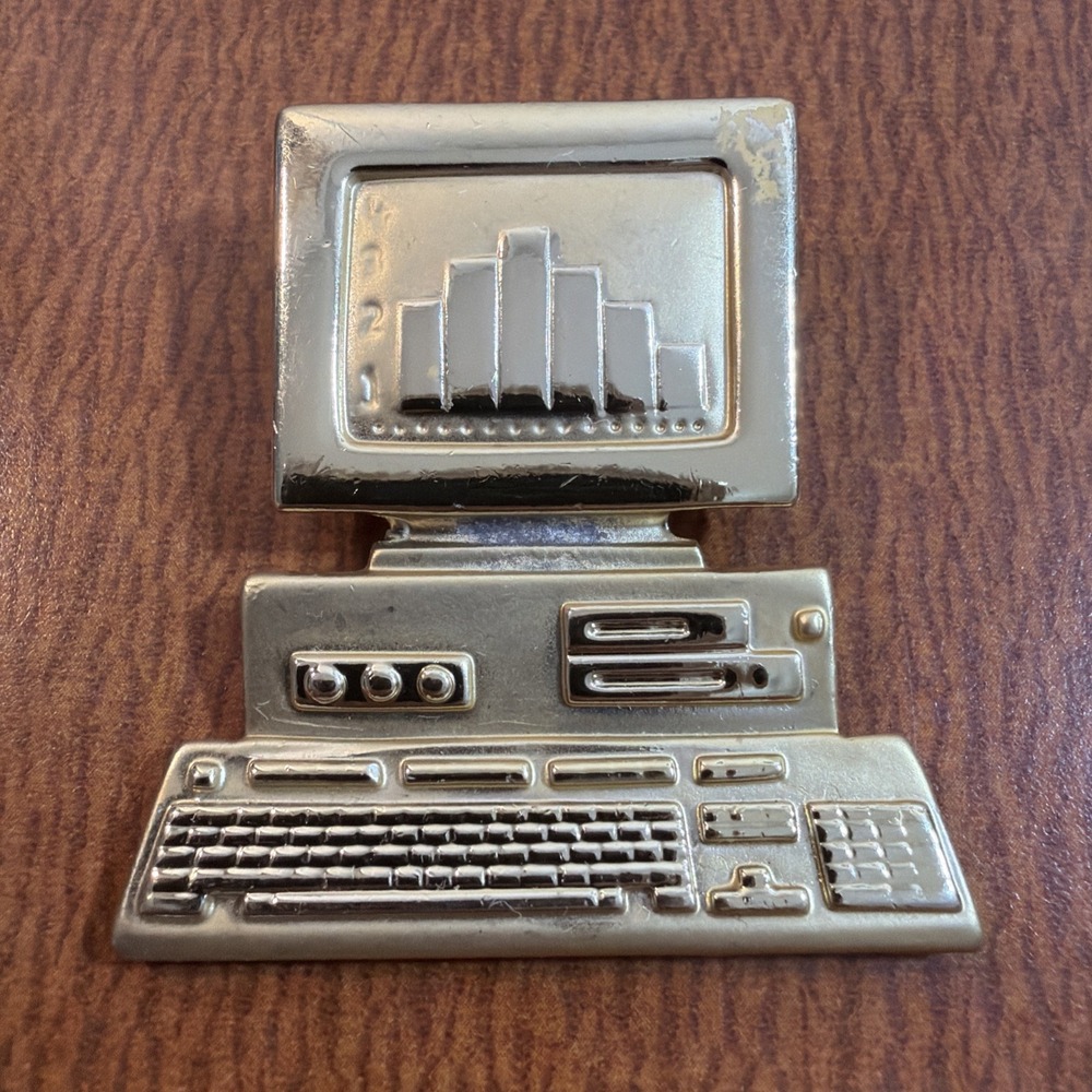 AJC Signed Computer Brooch Vintage 1980's Gold Tone Home Desktop PC Pin